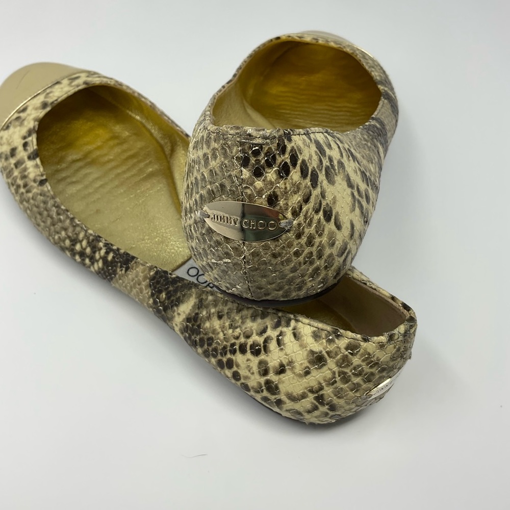 Jimmy Choo Gold Metallic Snake Print Flats - Picture 4 of 14